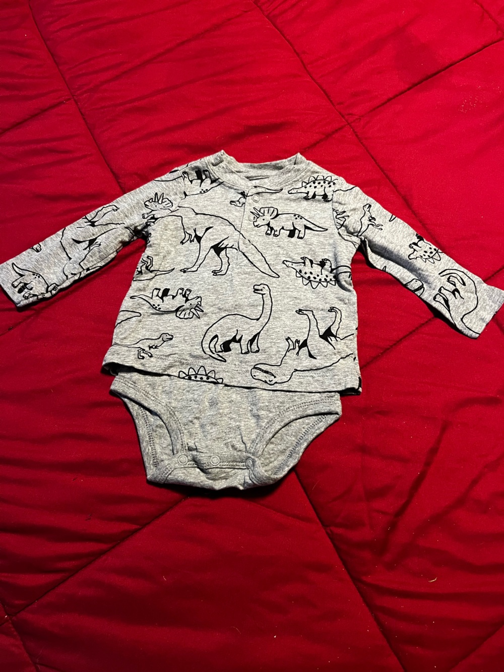 Gray Dinosaur Print Long-Sleeve One-Piece Bodysuit for Kids